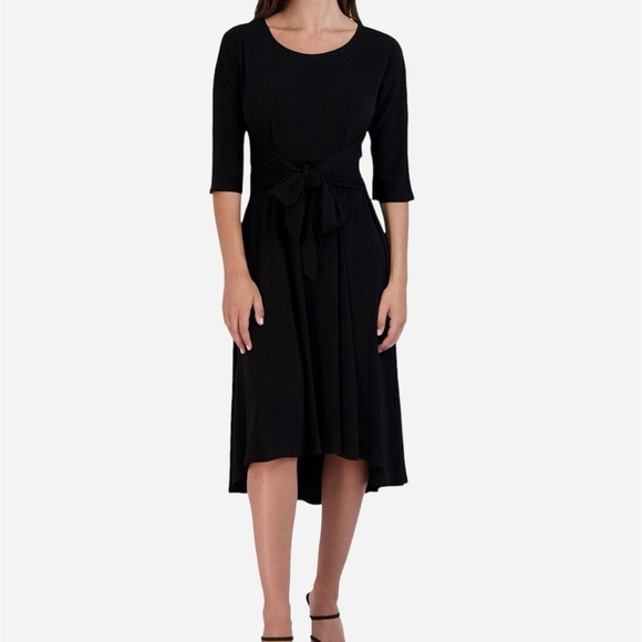 Robbie Bee Signature Tie Waist Dress Petite M Round Neck 3/4 Sleeve Crepe NEW - Picture 1 of 12
